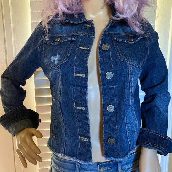 Indigo Rein Distressed Front Button Med-Dark Blue Denim Jacket Size Small VGC - Picture 1 of 7